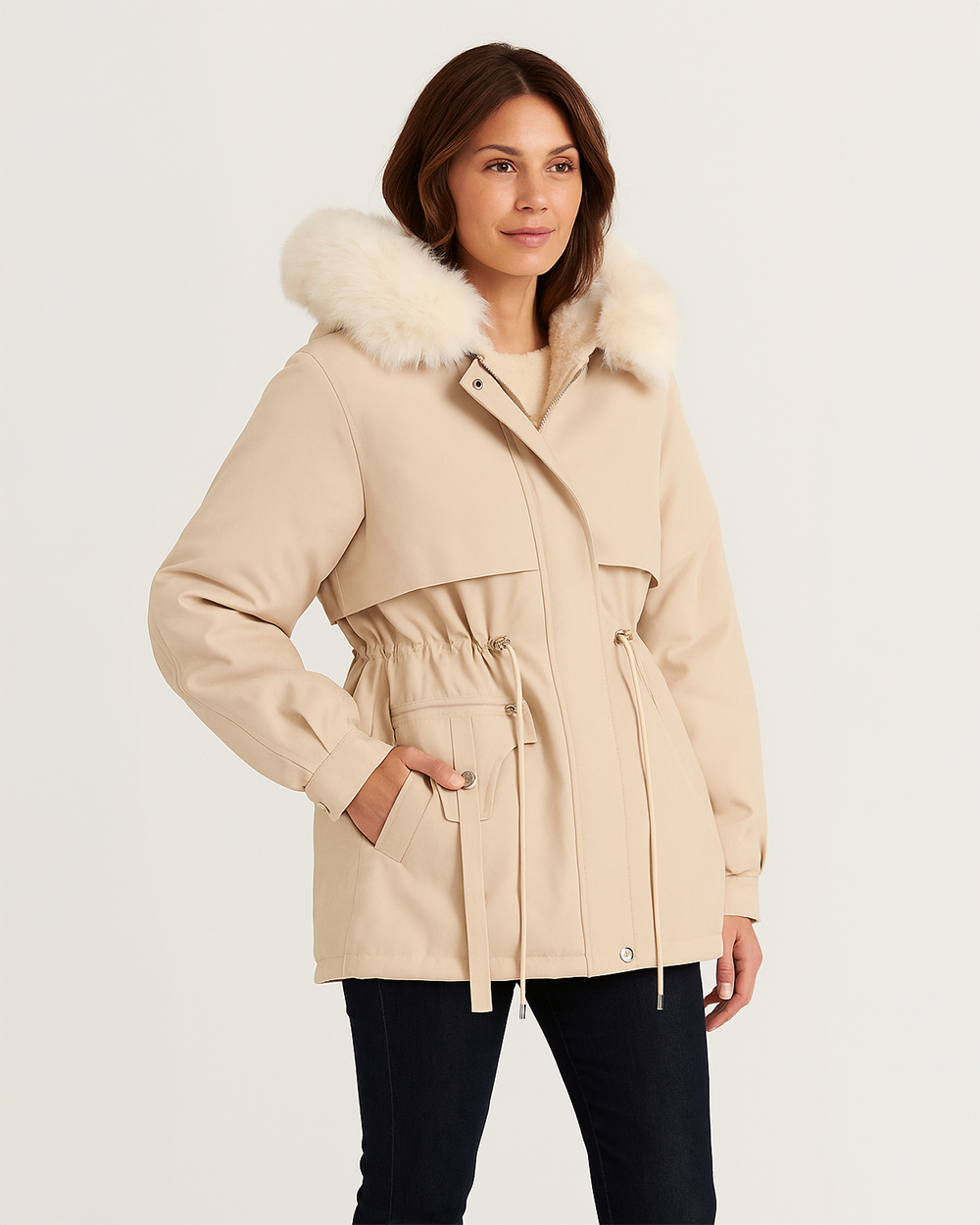 Kurze Winterjacke mit Teddyfutter und Kapuze mit Fellbesatz