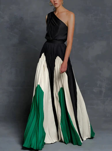 Olivia | Elegantes, schulterfreies Maxikleid in Farbblock-Optik 1