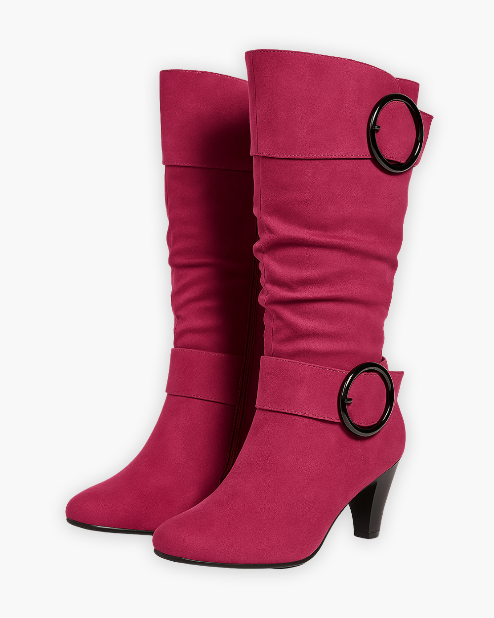 Kniehohe Stiefel mit Blockabsatz und Zierschnallen