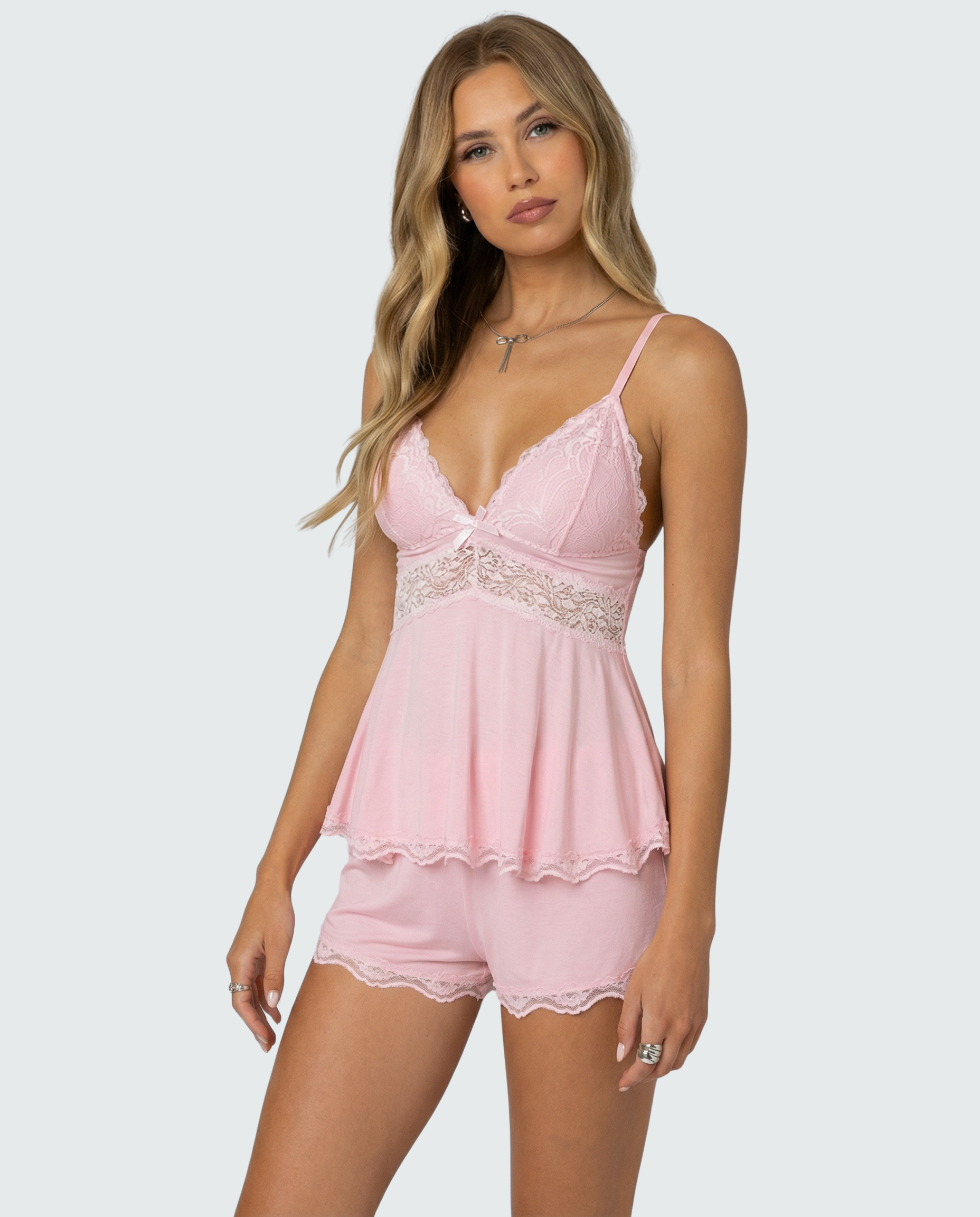 Rosa | Elegante Oberteile Damen Spitzen-Camisole und Shorts Set Atmungsaktiv Bequem 5