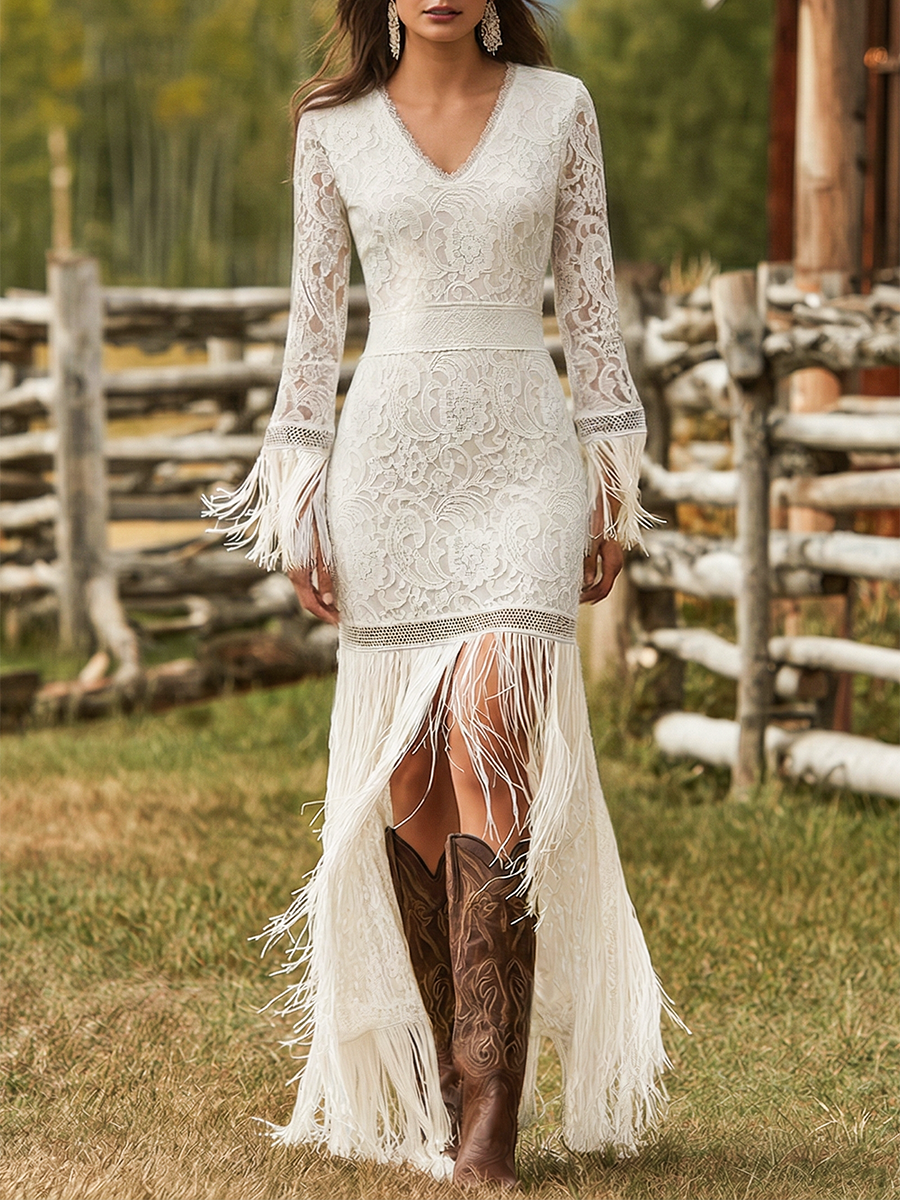 Serenity | Elegantes, Fließendes Damen-Maxikleid mit V-Ausschnitt und Quasten 0