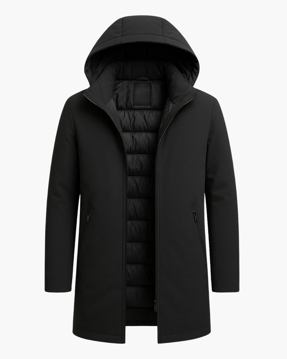 Gerade geschnittener Wintermantel mit Kapuze und Steppfutter