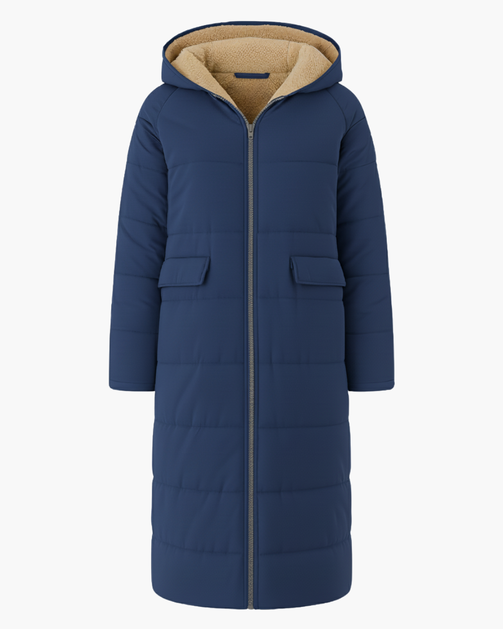 Langer Wintermantel mit Kapuze und Fleecefutter