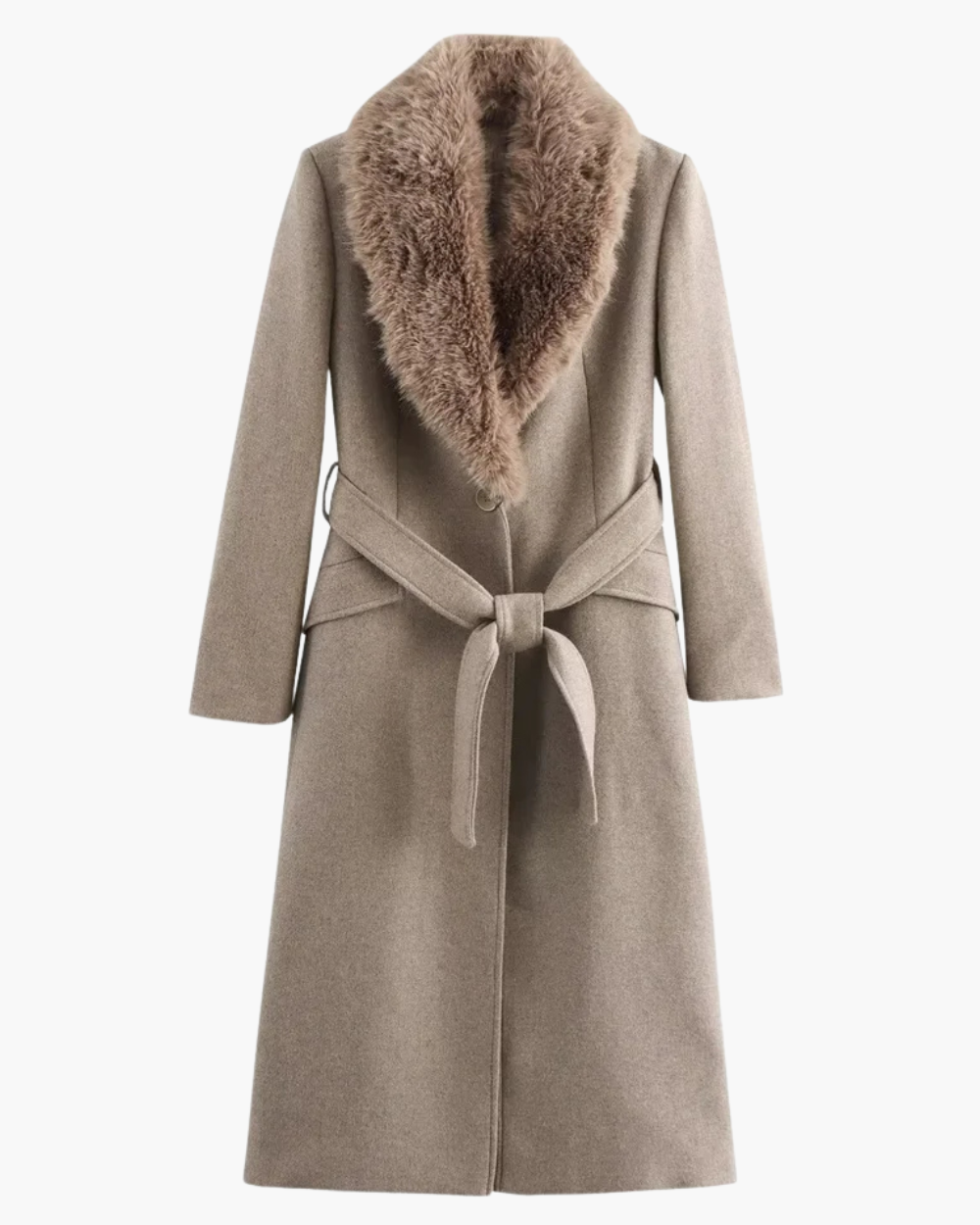 Langer Wintermantel mit Bindegürtel und Fellkragen