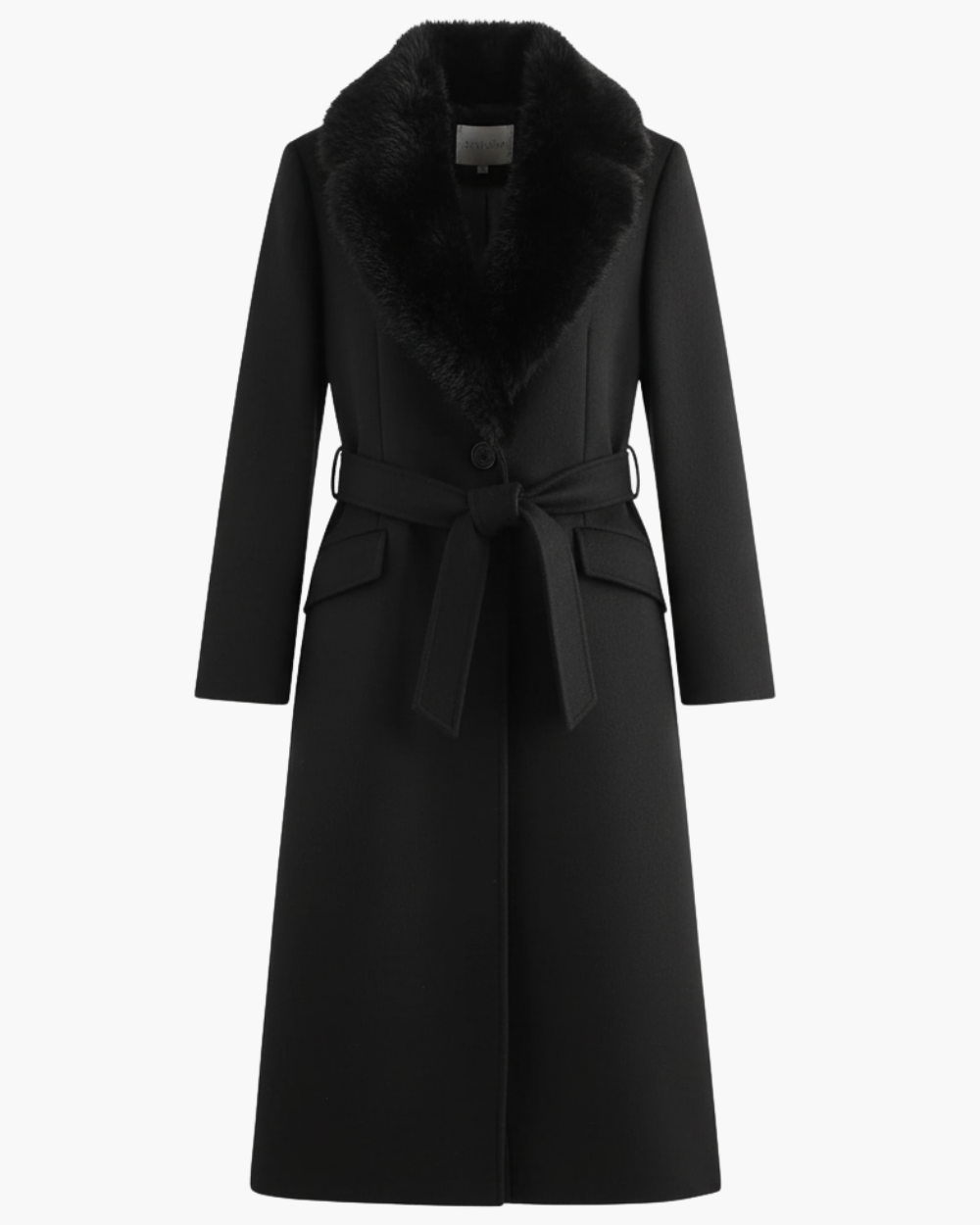 Langer Wintermantel mit Bindegürtel und Fellkragen