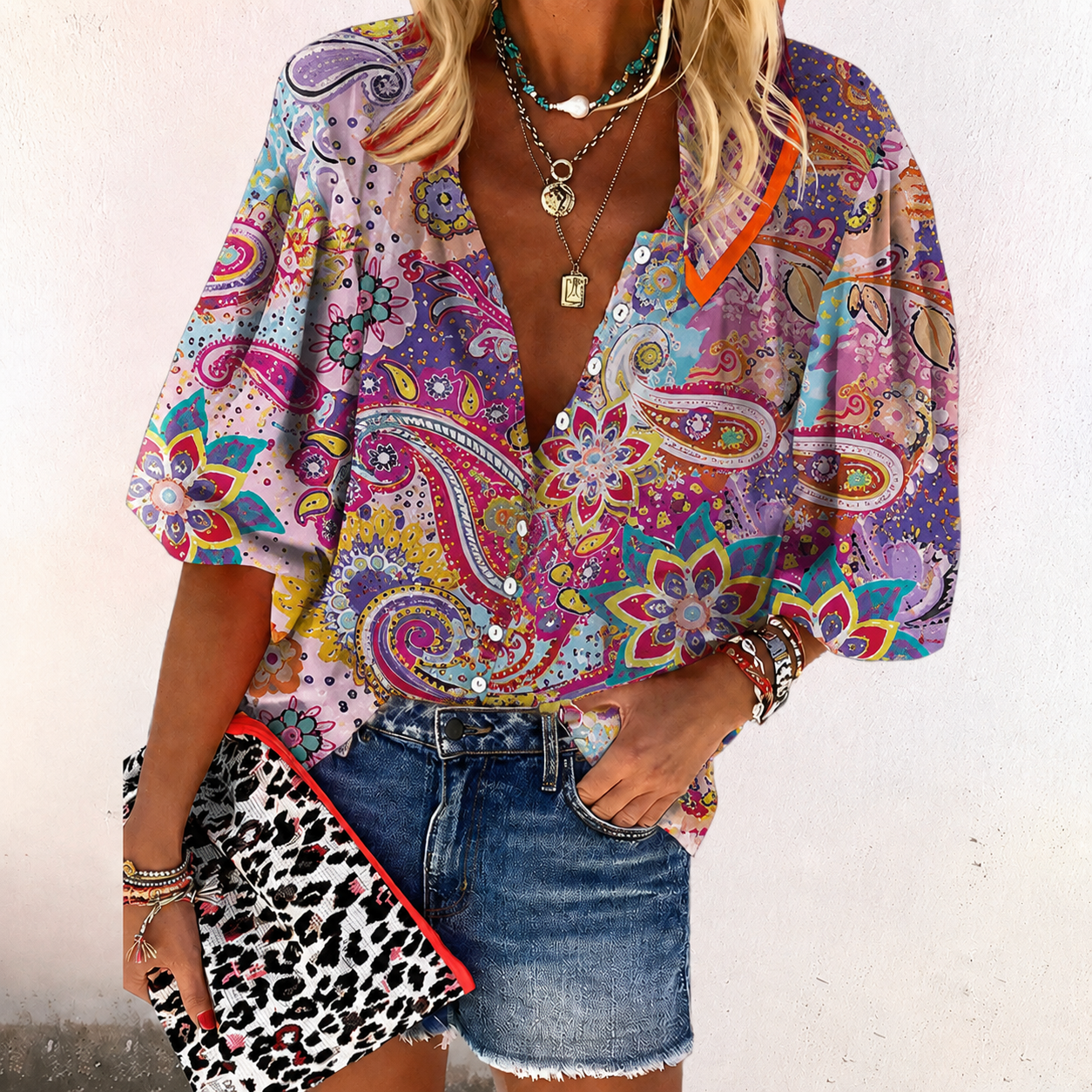 Zara | Boho Bluse V-Ausschnitt Lässiger Stil Leichter Stoff 1