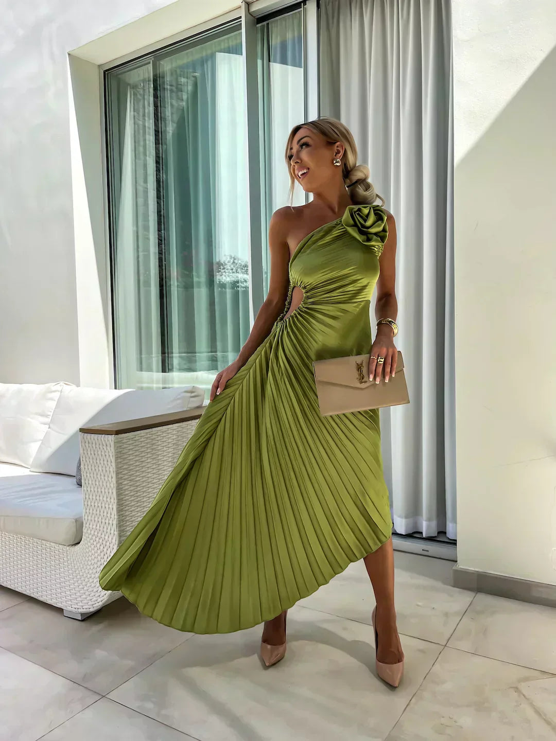 Zaria | Plissiertes Midi-Hochzeitsgastkleid Ein-Schulter Elegant Sommer Stil 2
