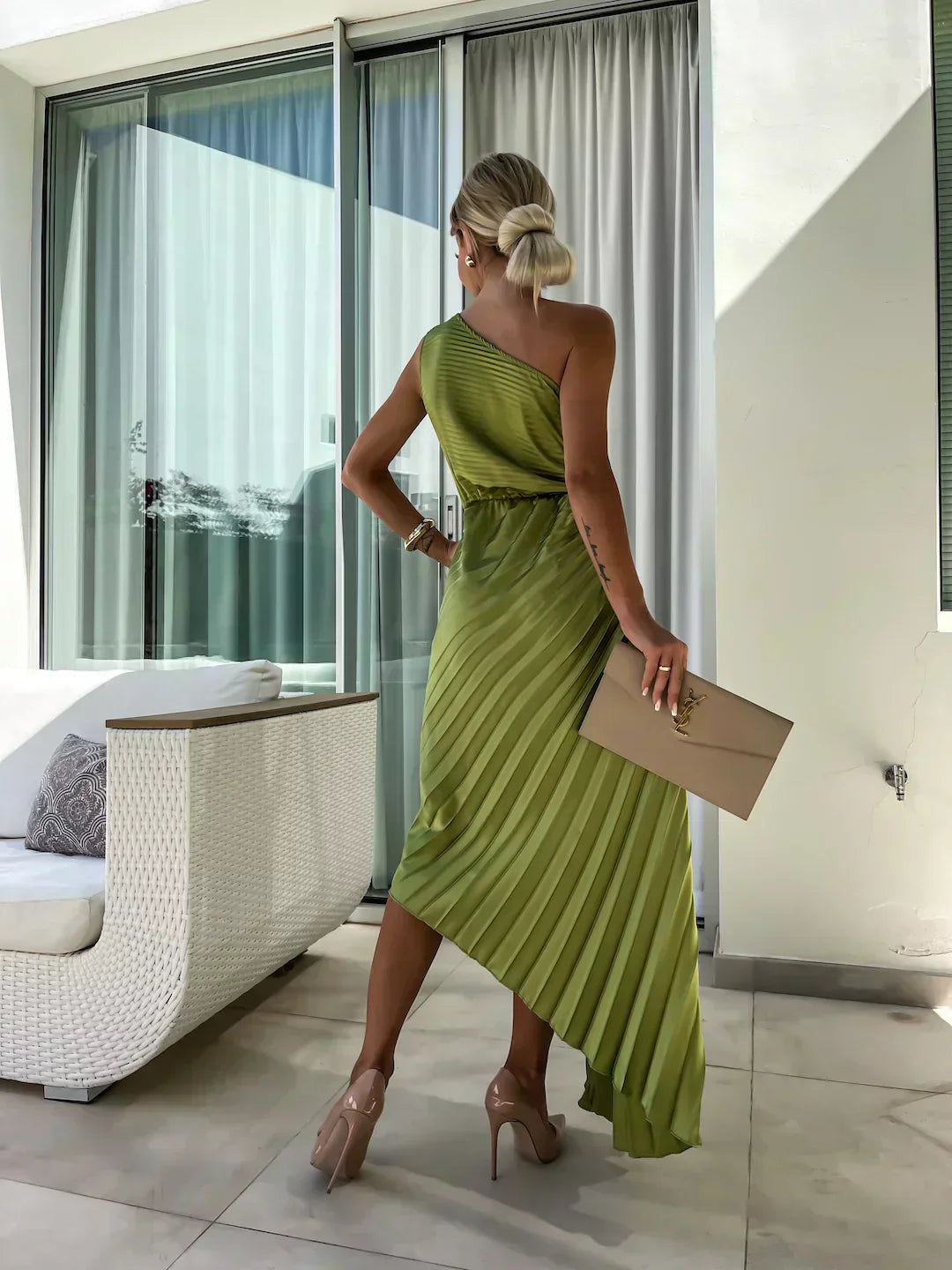 Zaria | Plissiertes Midi-Hochzeitsgastkleid Ein-Schulter Elegant Sommer Stil 3