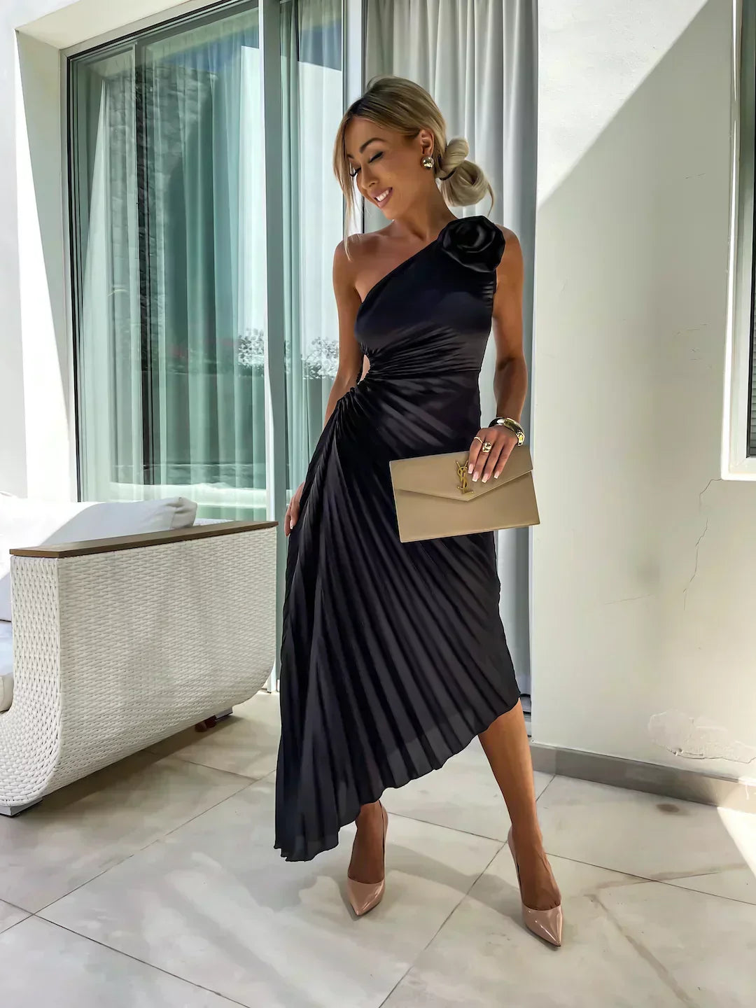 Zaria | Plissiertes Midi-Hochzeitsgastkleid Ein-Schulter Elegant Sommer Stil 4