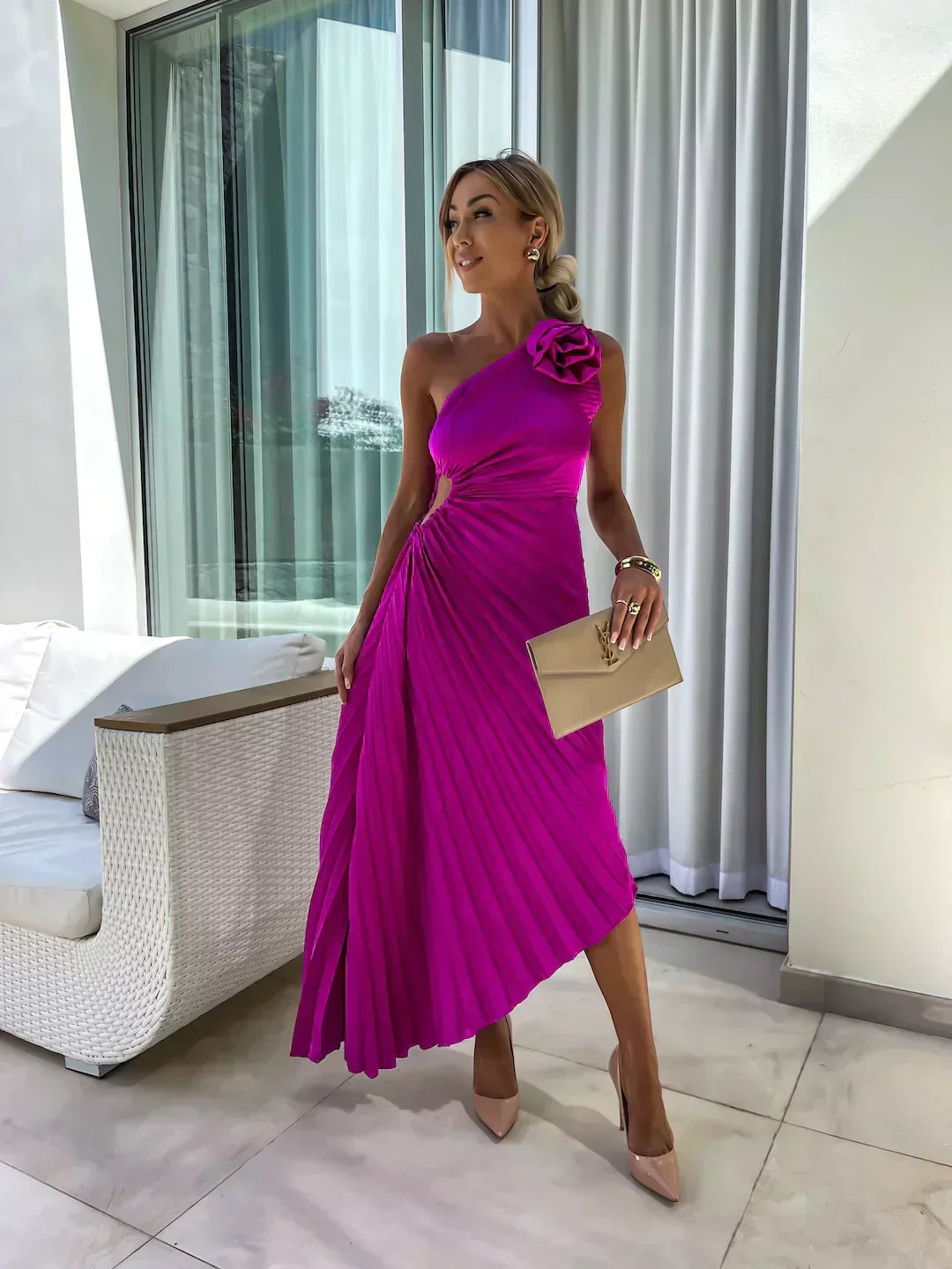 Zaria | Plissiertes Midi-Hochzeitsgastkleid Ein-Schulter Elegant Sommer Stil 6
