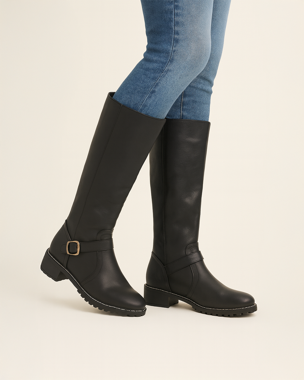 Schnallen kniehohe Stiefel mit Profilsohle