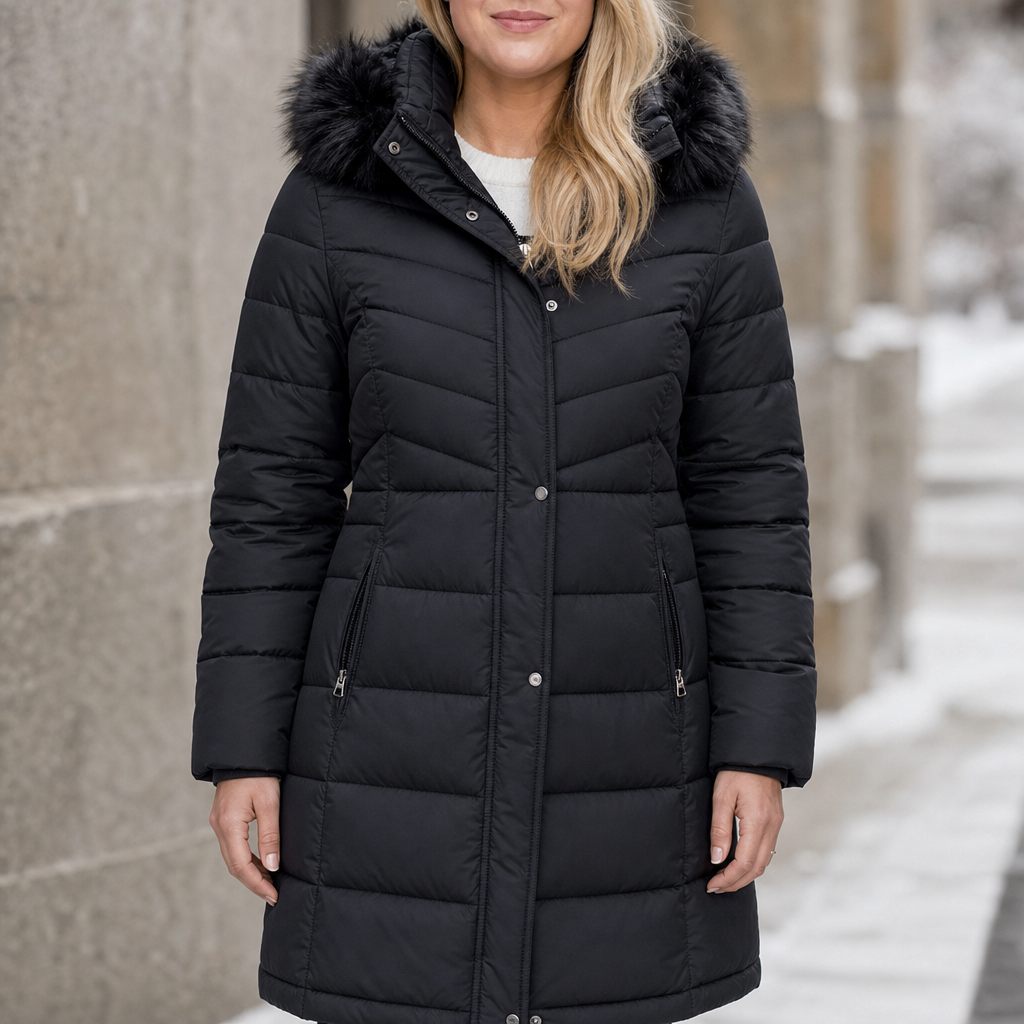 Chevronwarm | Longline Puffer Coat met Faux Fur Capuchon