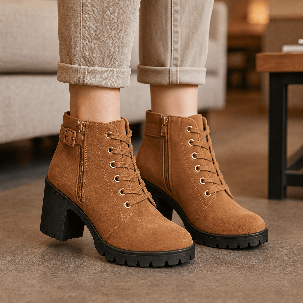 Strovia | Chunky Heel Ankle Boots – Stilvolle Stiefel mit Kunstfellfutter