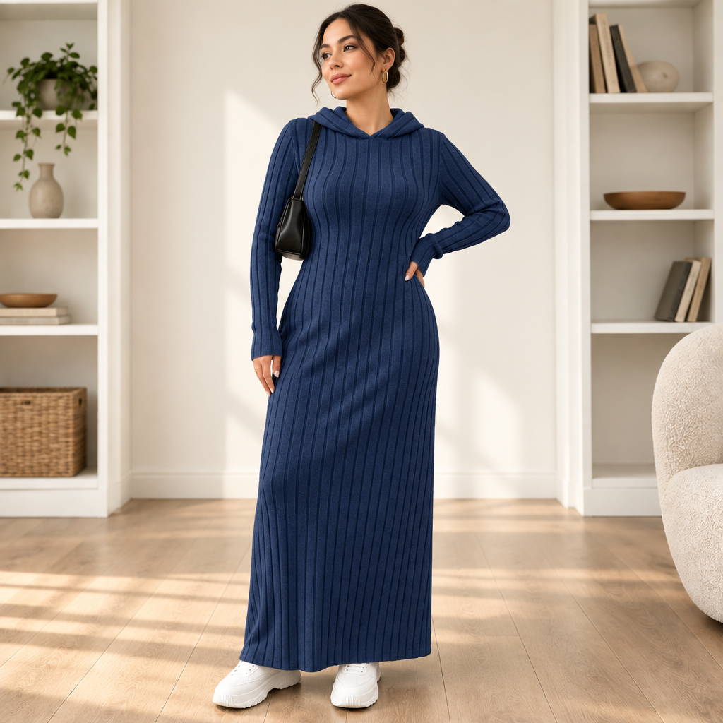 Ribwarm | Hoodie-Maxikleid aus Rippenstrick