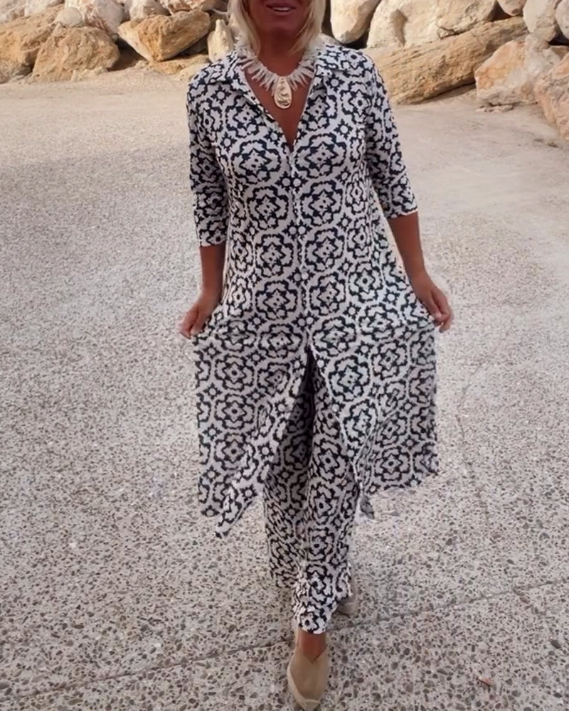 Emma | Bedrucktes V-Ausschnitt Tunika und Wide Leg Hosen Set