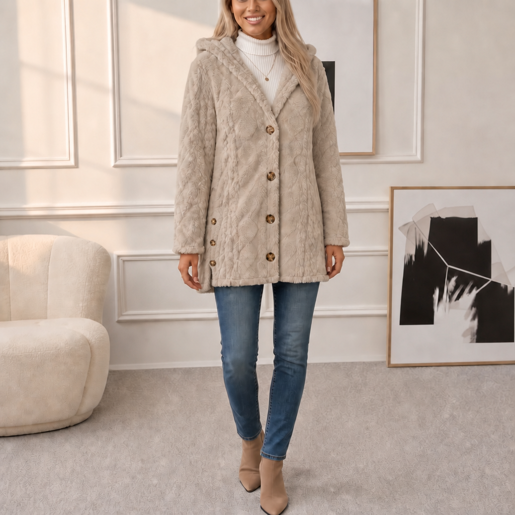 Wearbella | Diamond Jacquard Plush Hooded Coat – Elegantes Design für Damen
