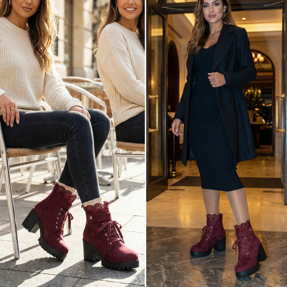 Lacelle | Ankle Boots – Romantischer Wildleder-Look mit Spitzenrand