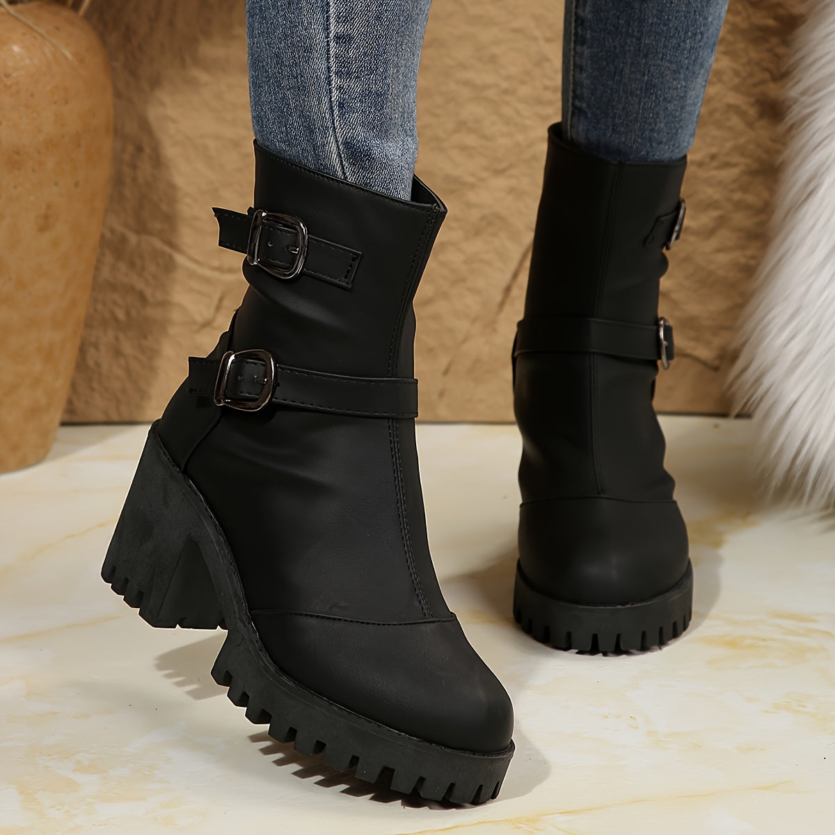 Marlene | Markante Stiefeletten mit Blockabsatz und Doppelschnallen
