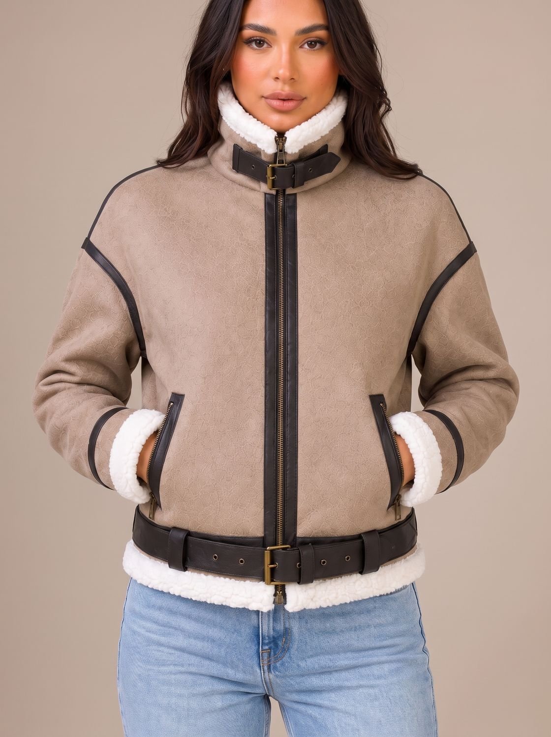 Marlene | Kurze Teddyjacke im Aviator-Stil mit Gürtel
