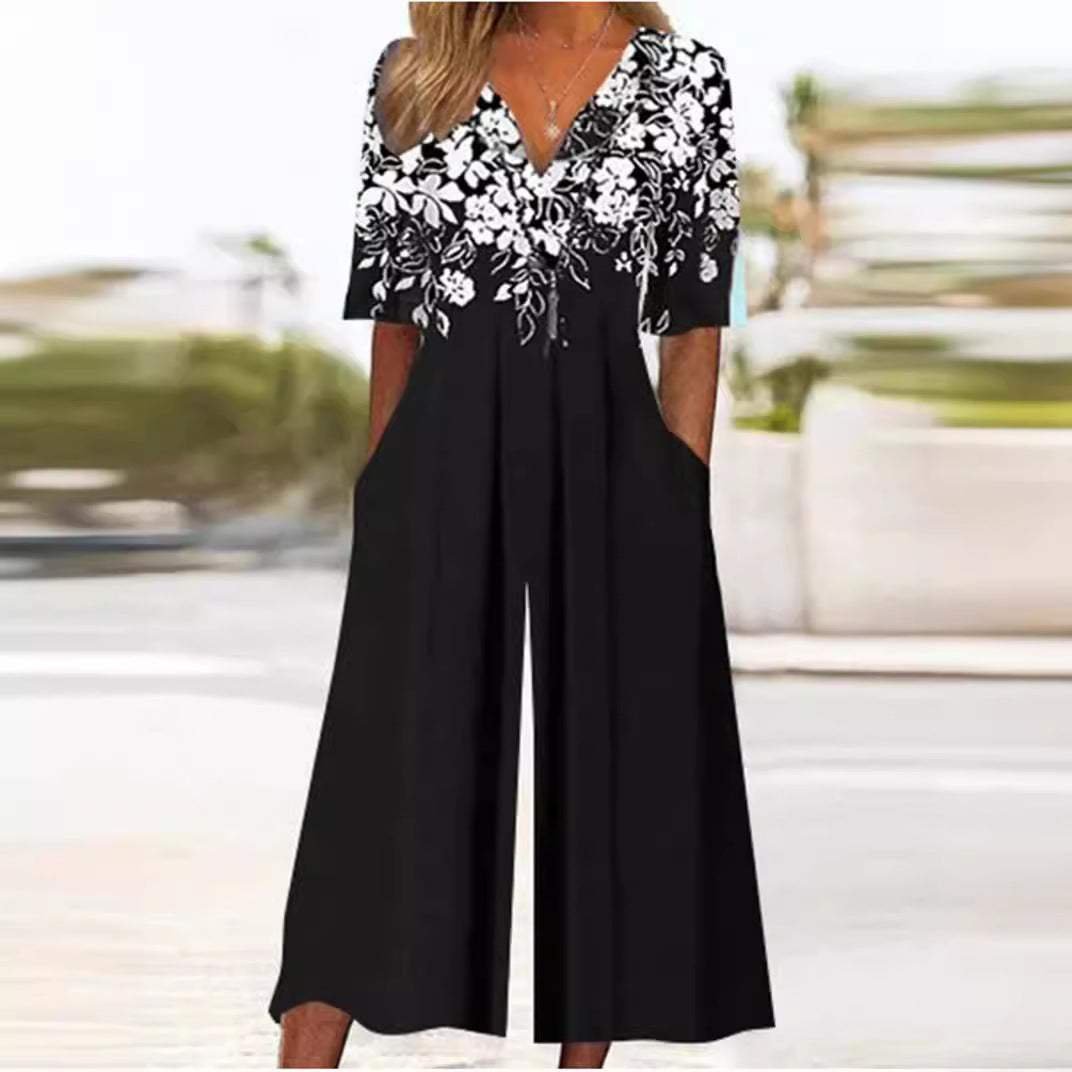 Annika | Jumpsuit – Blumenmuster mit V-Ausschnitt für Damen