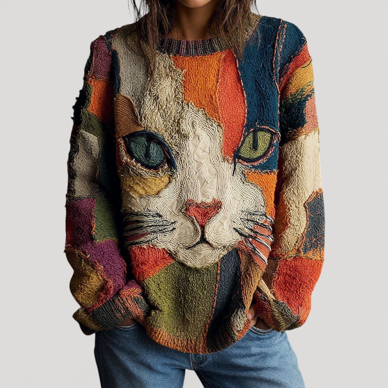 Kreativ | Strickoberteil mit Katzenmotiv für Frauen