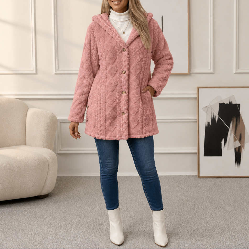 Wearbella | Diamond Jacquard Plush Hooded Coat – Elegantes Design für Damen