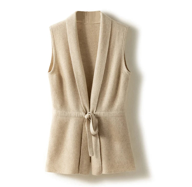 Isabelle | Elegante Merinowollweste mit Bindegürtel