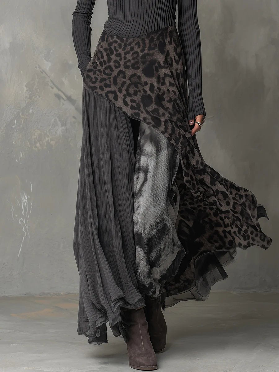 Lena | Stilvolles Langarm Maxi Kleid mit Rippstrick und Leopardenmuster