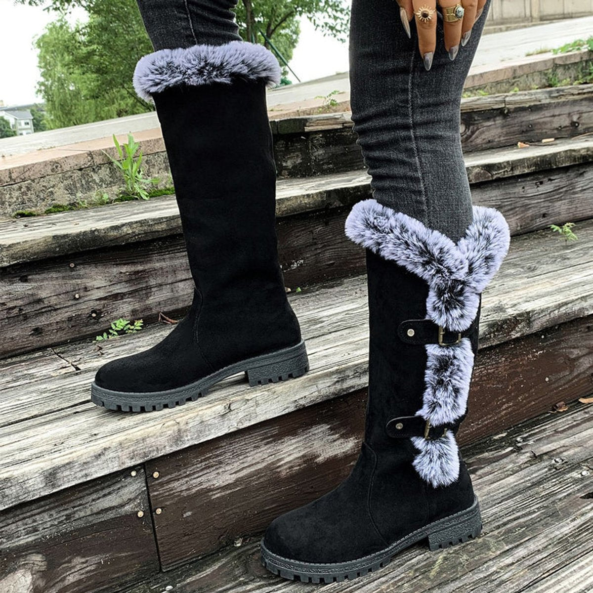 Fiona | Stilvolle und warme kniehohe Kunstwildleder Stiefel