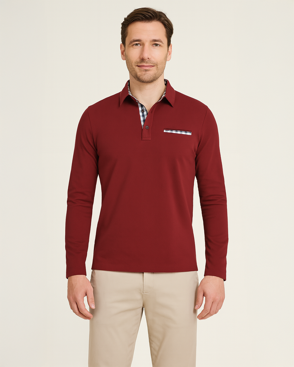 Slim Fit Langarm Poloshirt mit Kontrastkragen