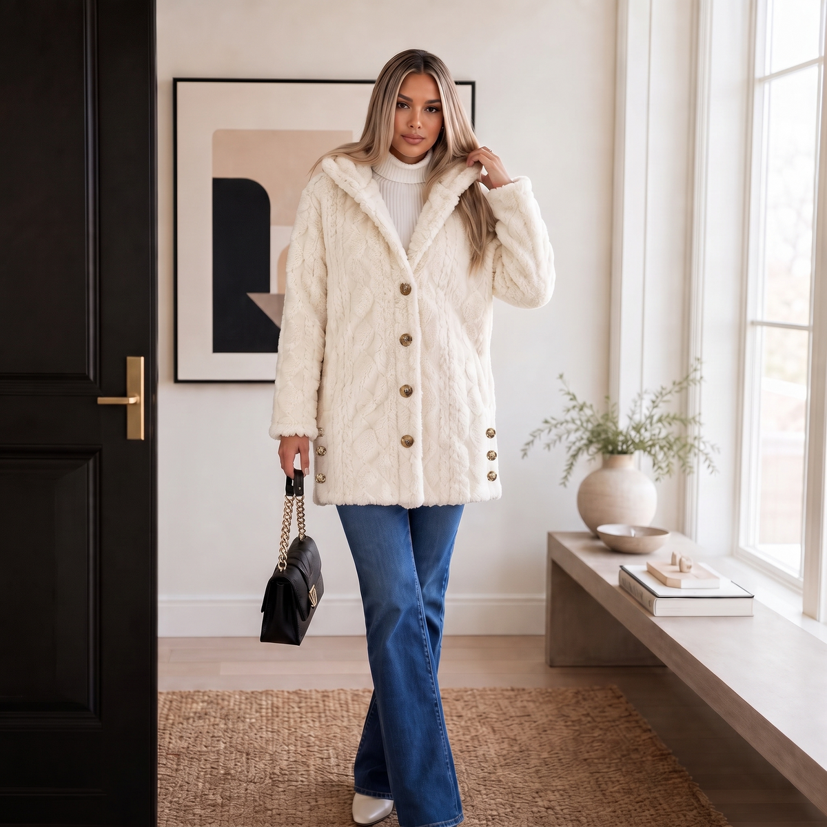 Wearbella | Diamond Jacquard Plush Hooded Coat – Elegantes Design für Damen