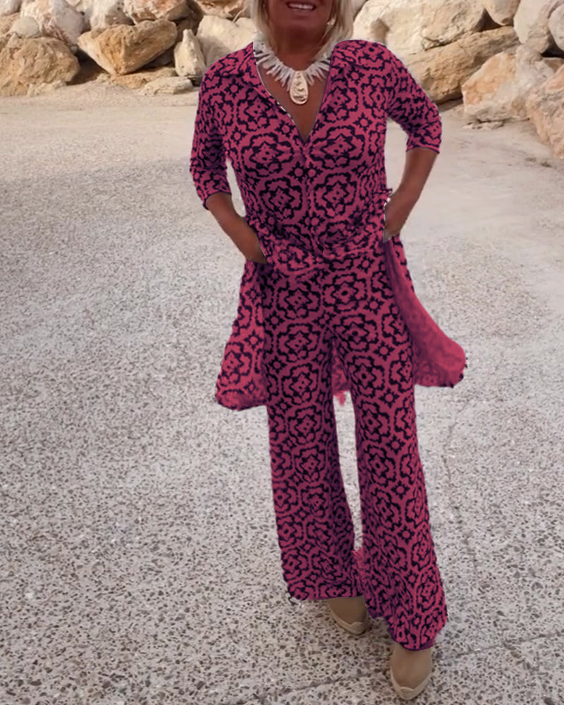 Emma | Bedrucktes V-Ausschnitt Tunika und Wide Leg Hosen Set