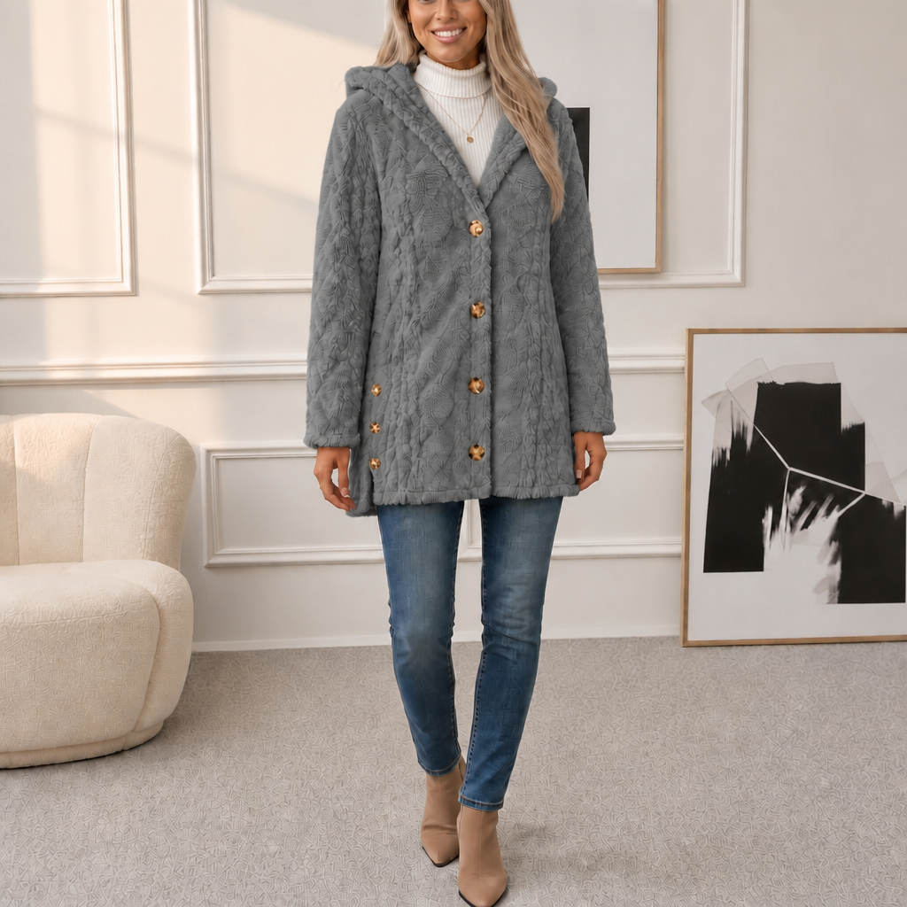 Wearbella | Diamond Jacquard Plush Hooded Coat – Elegantes Design für Damen