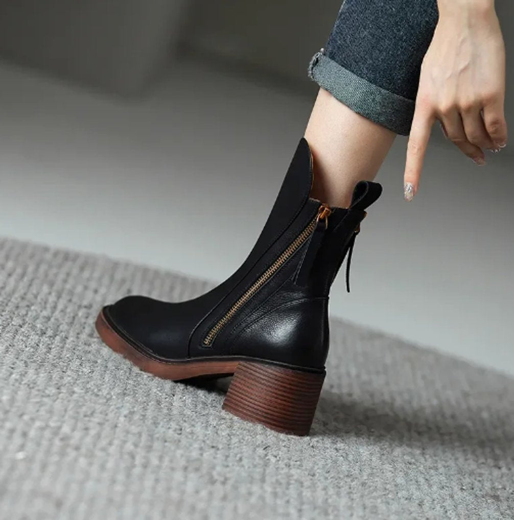 Luciana | Elegante und zeitlosen Leder Stiefeletten mit Blockabsatz