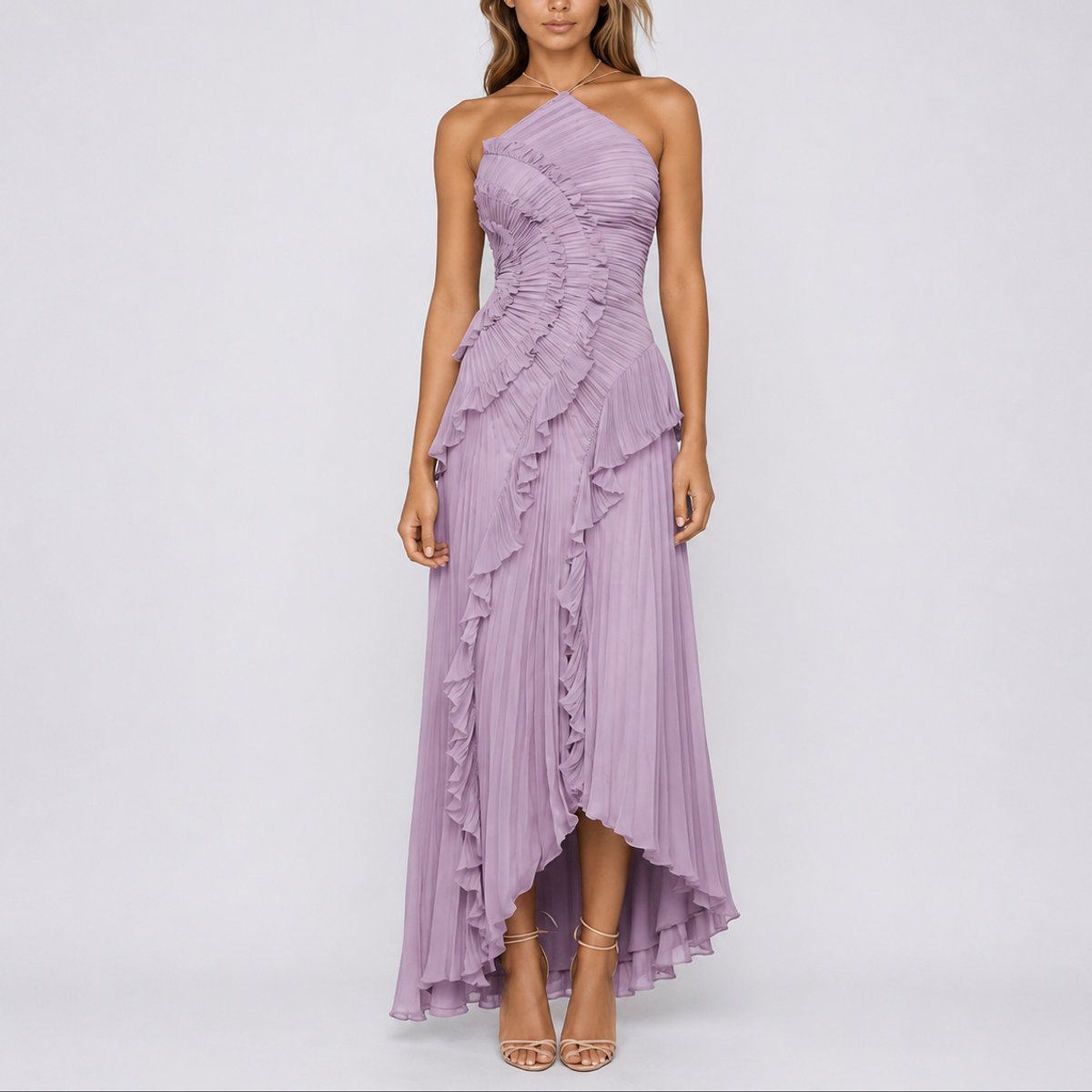 Kerstin | Elegantes Herbsthochzeits Maxikleid mit plissierten Rüschen