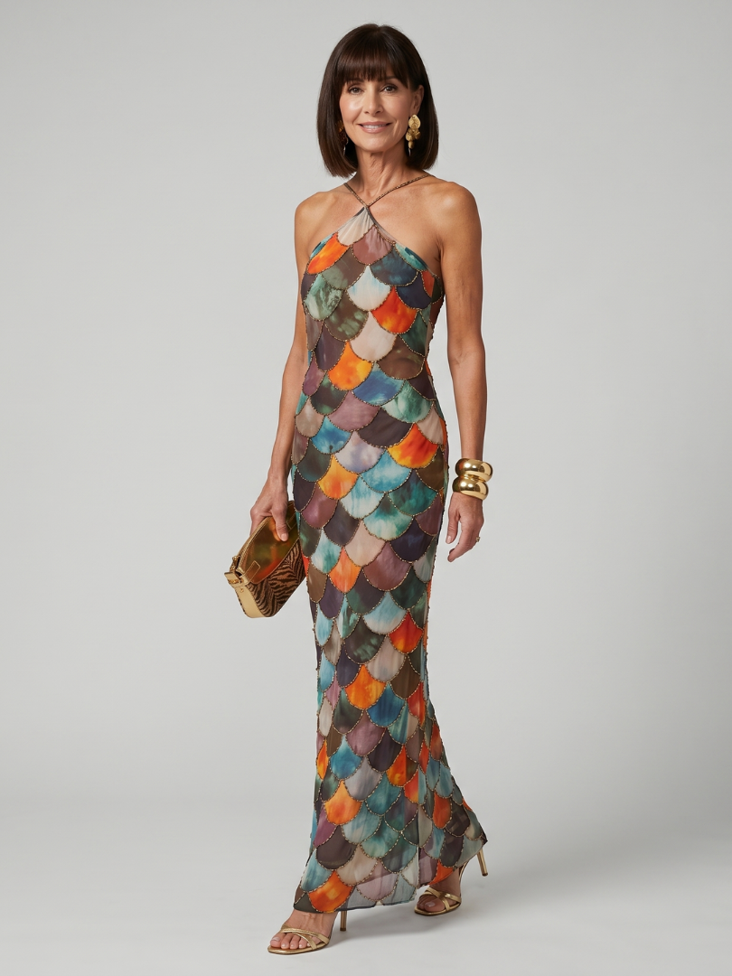 Larkin | Maxi Dress – Fitted Multicolor Scale Pattern