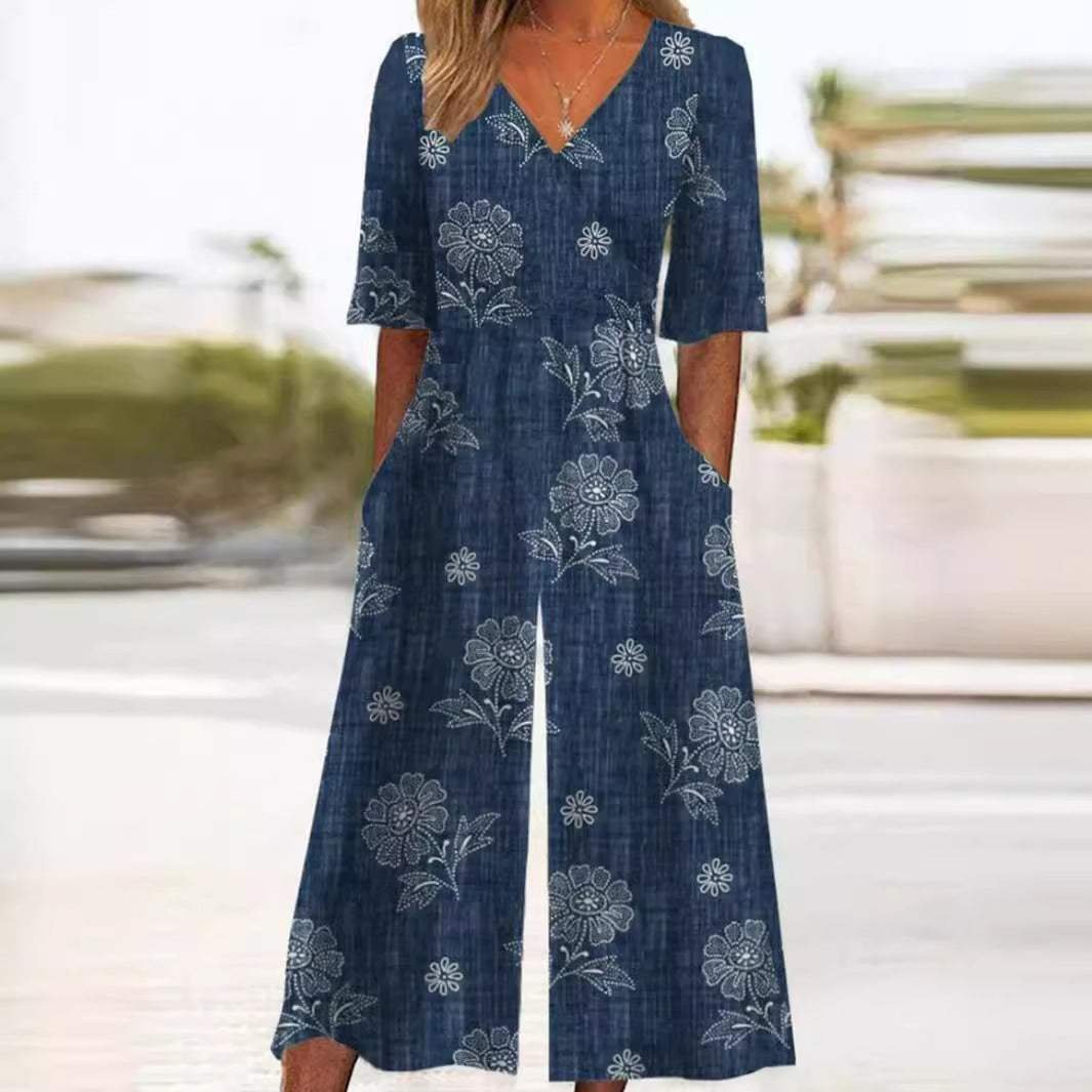 Annika | Jumpsuit – Blumenmuster mit V-Ausschnitt für Damen