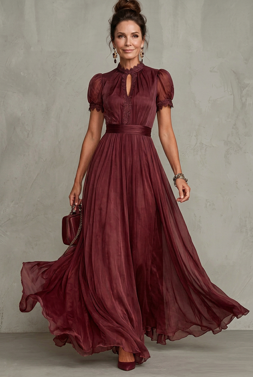 Elara | Falten-Maxikleid mit Spitzenbesatz