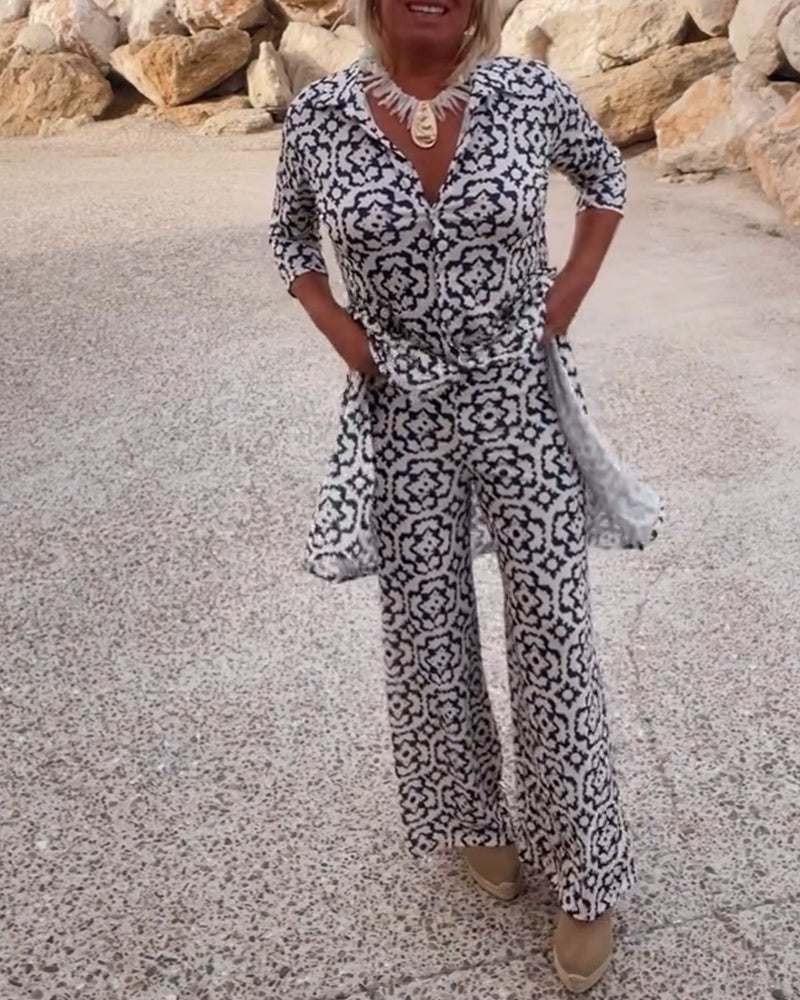 Emma | Bedrucktes V-Ausschnitt Tunika und Wide Leg Hosen Set