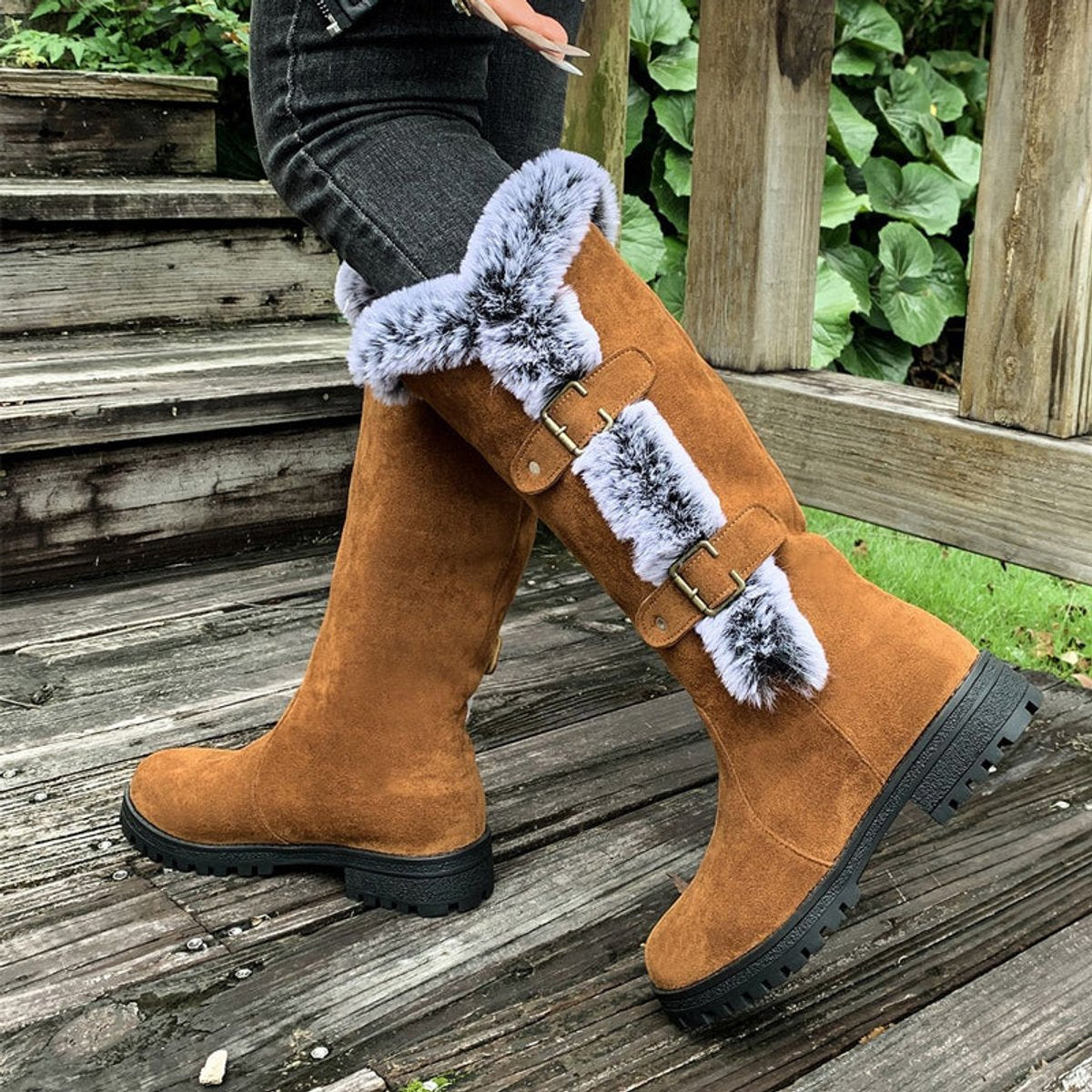 Fiona | Stilvolle und warme kniehohe Kunstwildleder Stiefel