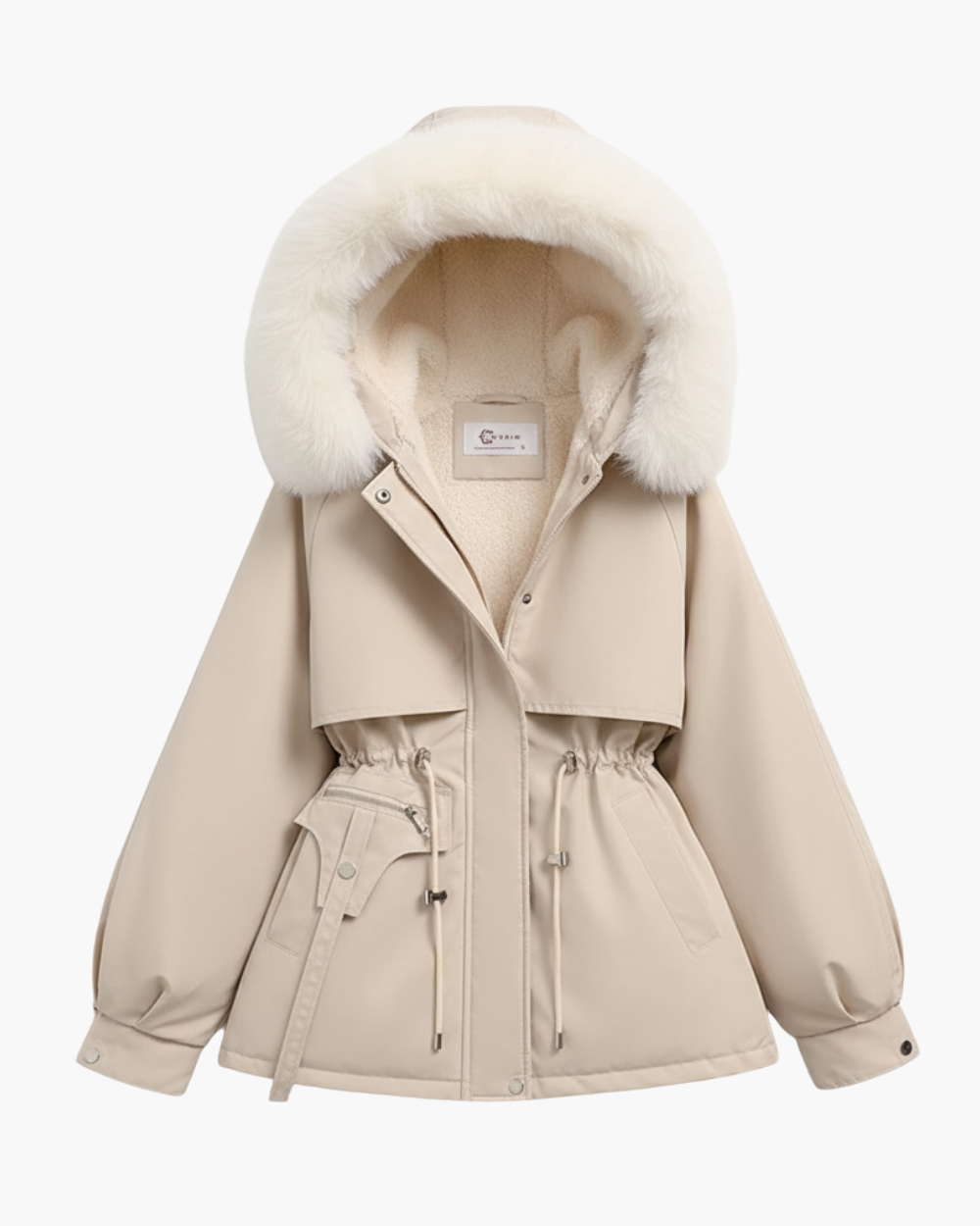 Kurze Winterjacke mit Teddyfutter und Kapuze mit Fellbesatz