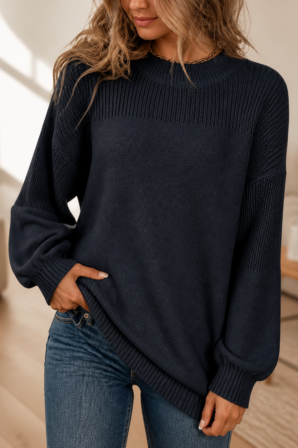 Cozelin | Oversized Knit Sweater in Navy Blue