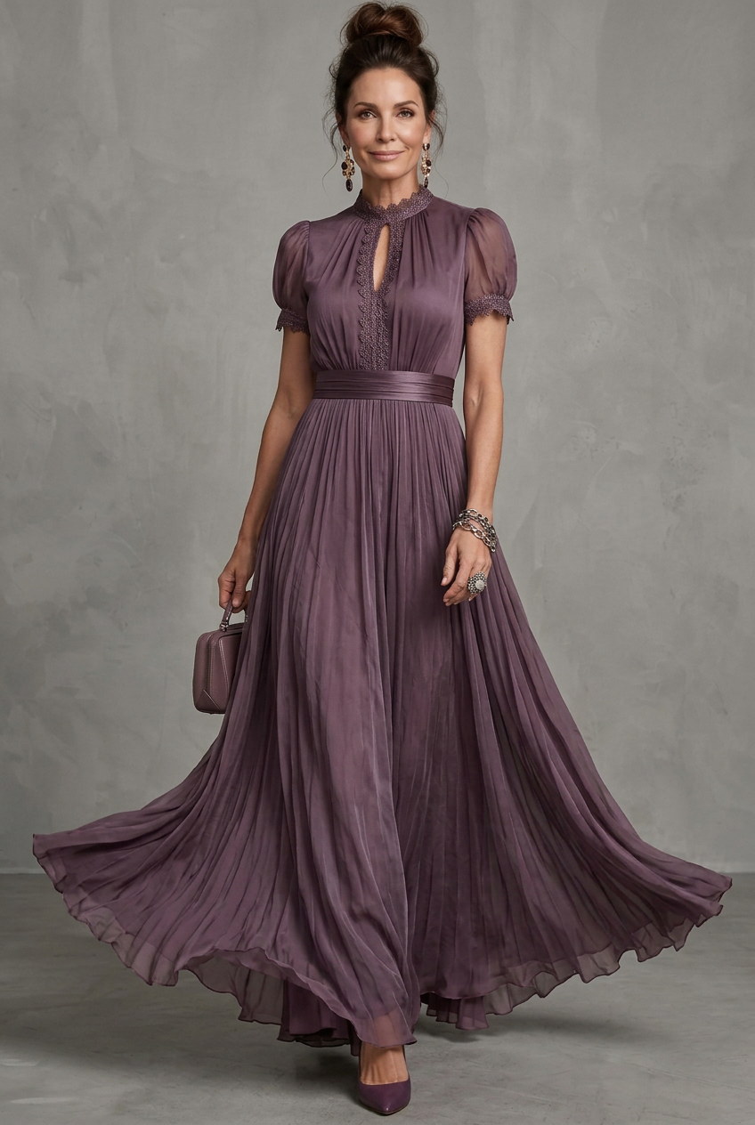 Elara | Falten-Maxikleid mit Spitzenbesatz