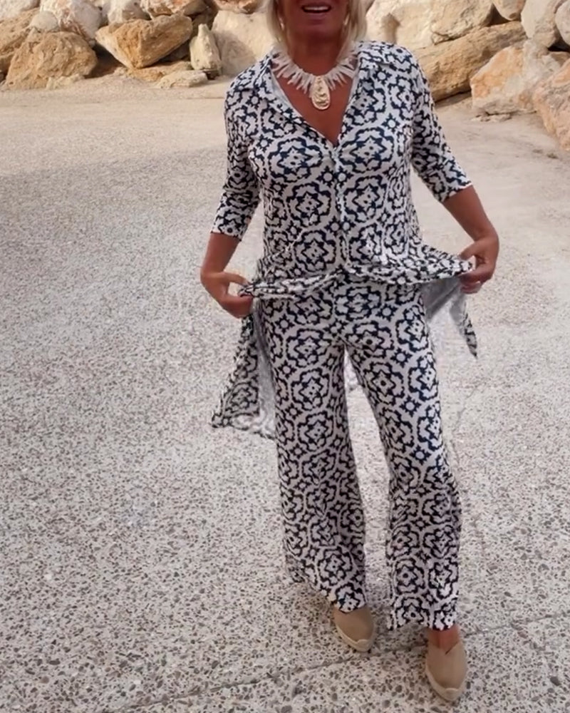 Emma | Bedrucktes V-Ausschnitt Tunika und Wide Leg Hosen Set