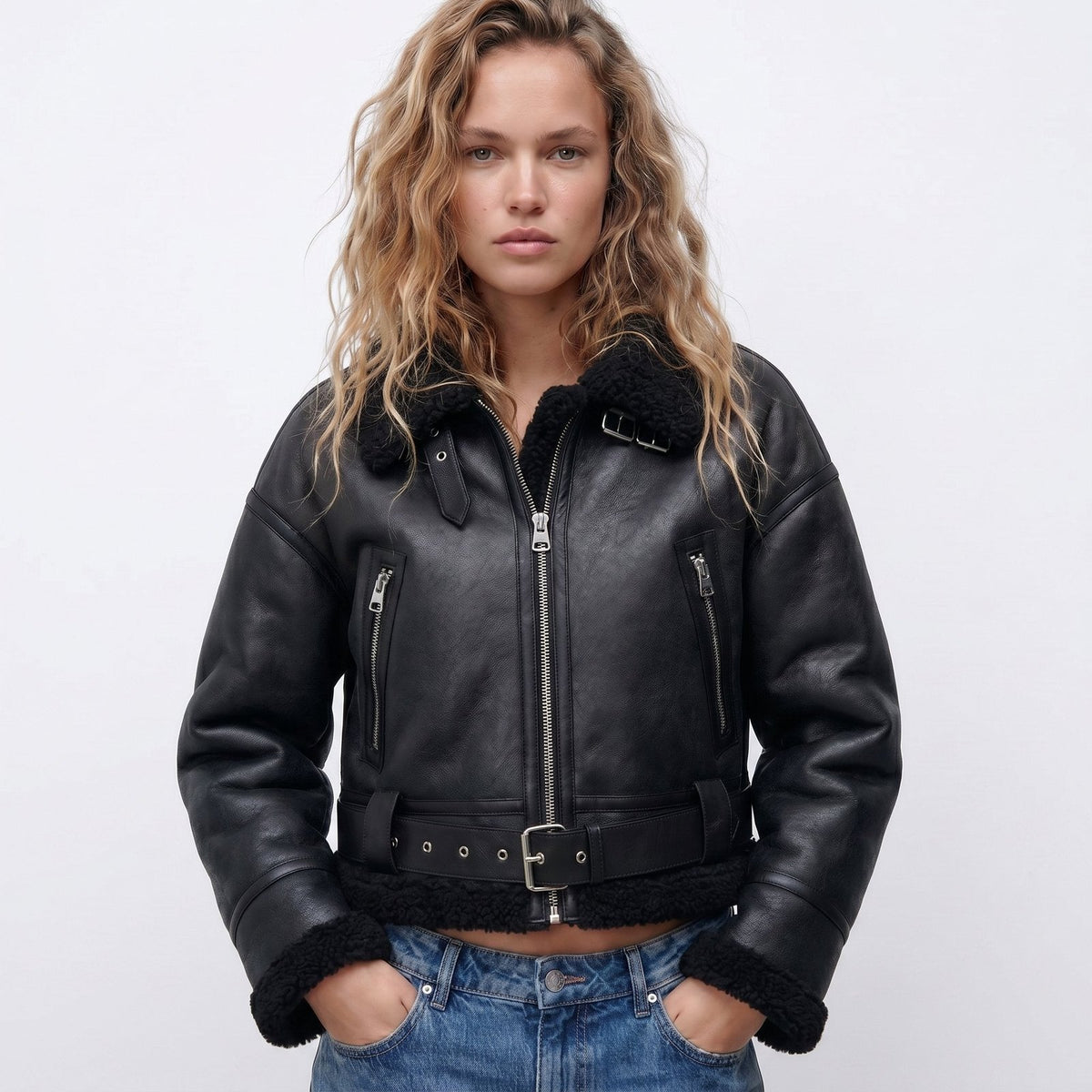 Elfriede | Bomber Jacke – Luxus Doppelseitiges Lammfell für Damen