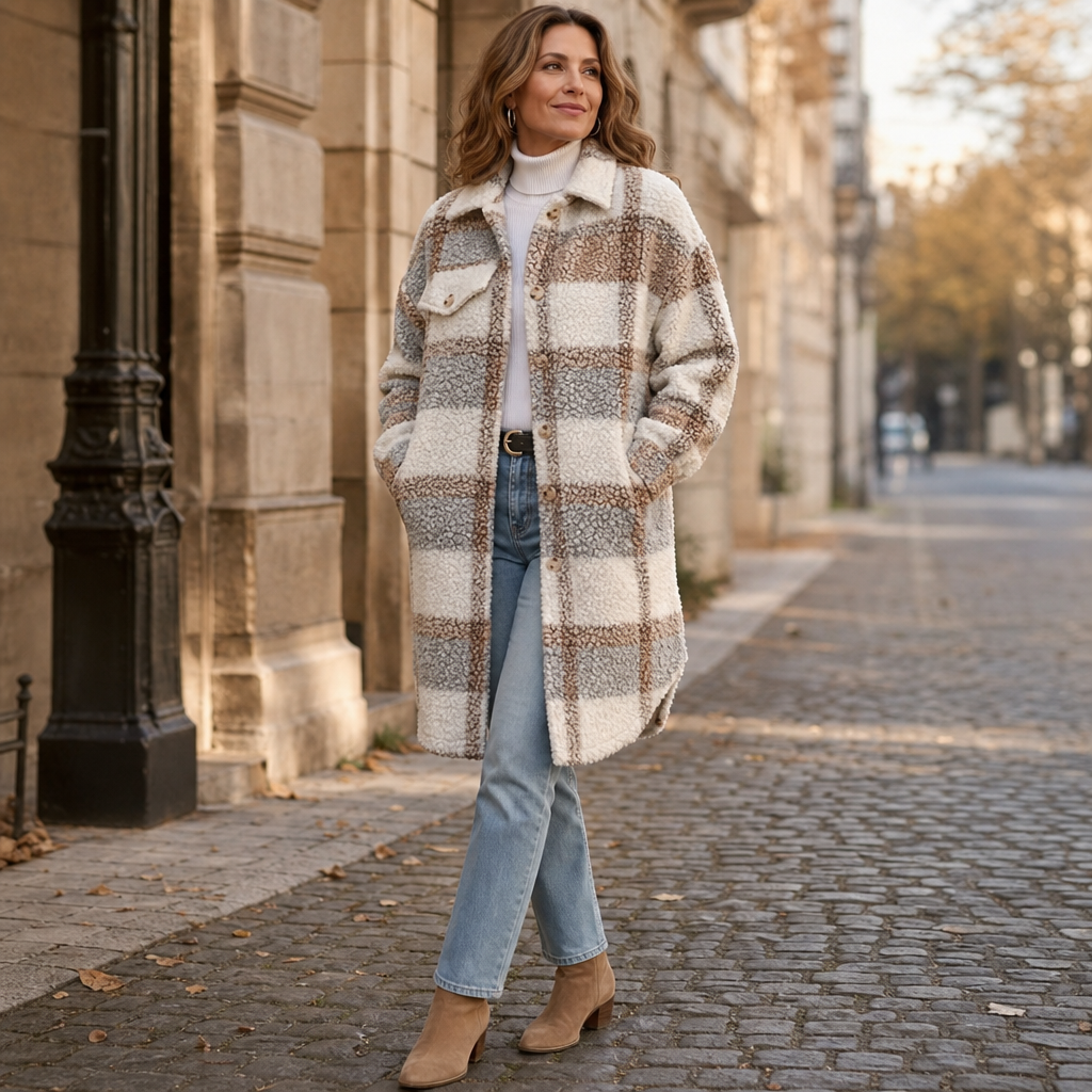 Fairloch | Plaid Sherpa-Lined Mid-Length Coat – Gemütlicher Stil für Frauen