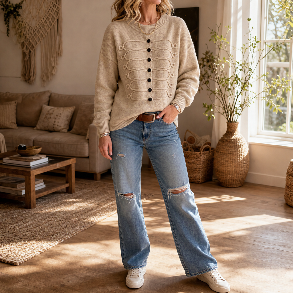 Braidenne | Knit Sweater met Gevlochten Koord en Knopen