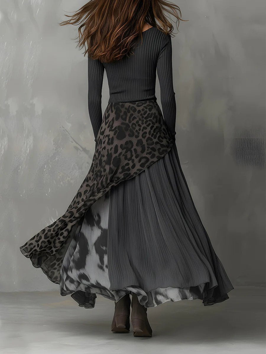 Lena | Stilvolles Langarm Maxi Kleid mit Rippstrick und Leopardenmuster