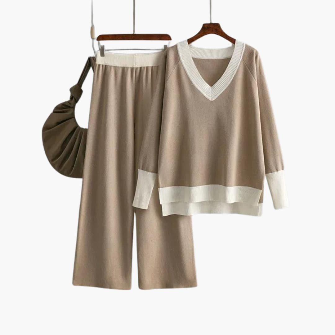 Viora | Sweater Set – V-Neck Design with Wide-Leg Trousers for Women