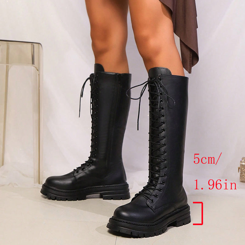 Julia | Klobigem Plateau Lace Up Kniehohe Stiefel
